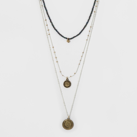 Universal Thread Jewelry - Layered Bead and Mixed Chains with Disc Necklace